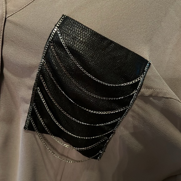 Long sleeve blouse with faux leather and chain detail chest pockets - Picture 2 of 2
